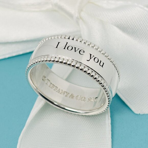 Size 5 Tiffany I LOVE YOU Ring Beaded Milgrain Wide Band - Picture 2 of 6